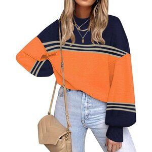 Women's Pumpkin Batwing Long Sleeve Crew Neck Striped Oversized Pullover Sweater